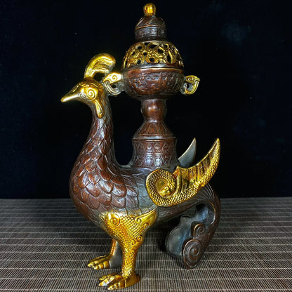 Pure Copper Gilded Phoenix Incense Burner - Exquisite Craftsmanship, Handcrafted, Rare Vintage Art Piece