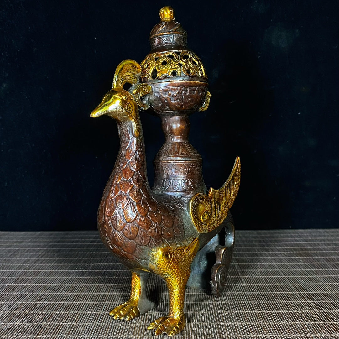 Pure Copper Gilded Phoenix Incense Burner - Exquisite Craftsmanship, Handcrafted, Rare Vintage Art Piece