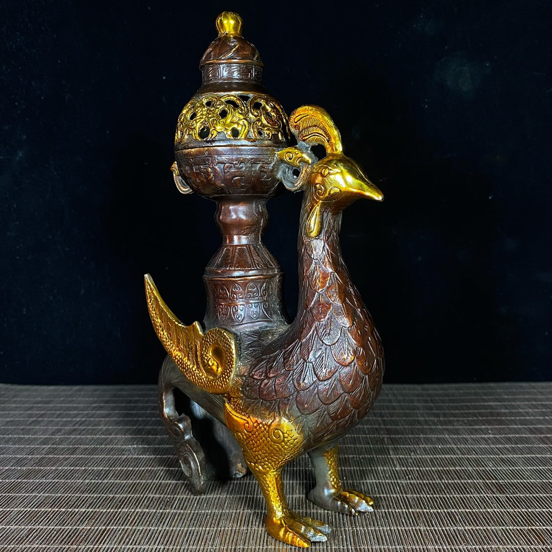 Pure Copper Gilded Phoenix Incense Burner - Exquisite Craftsmanship, Handcrafted, Rare Vintage Art Piece