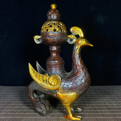 Pure Copper Gilded Phoenix Incense Burner - Exquisite Craftsmanship, Handcrafted, Rare Vintage Art Piece