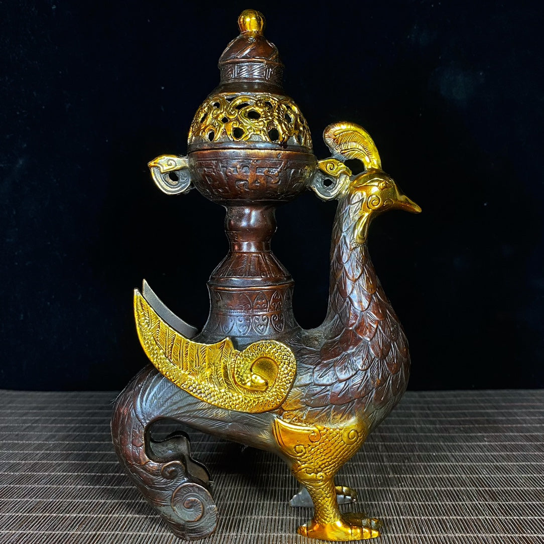 Pure Copper Gilded Phoenix Incense Burner - Exquisite Craftsmanship, Handcrafted, Rare Vintage Art Piece