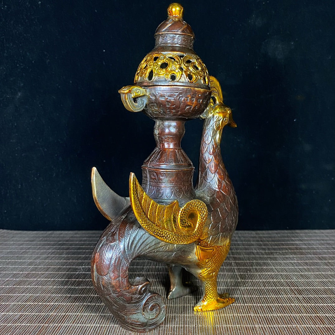 Pure Copper Gilded Phoenix Incense Burner - Exquisite Craftsmanship, Handcrafted, Rare Vintage Art Piece