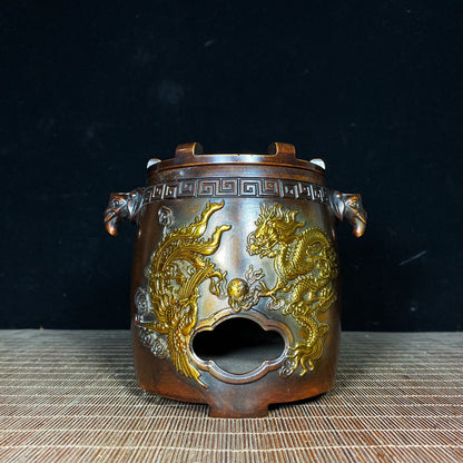 Vintage Handcrafted Gilded Copper Brazier with Elephant Ears and Dragon Phoenix Relief