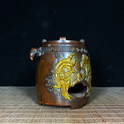 Vintage Handcrafted Gilded Copper Brazier with Elephant Ears and Dragon Phoenix Relief