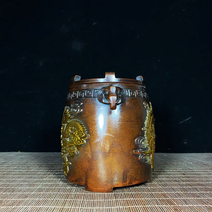 Vintage Handcrafted Gilded Copper Brazier with Elephant Ears and Dragon Phoenix Relief