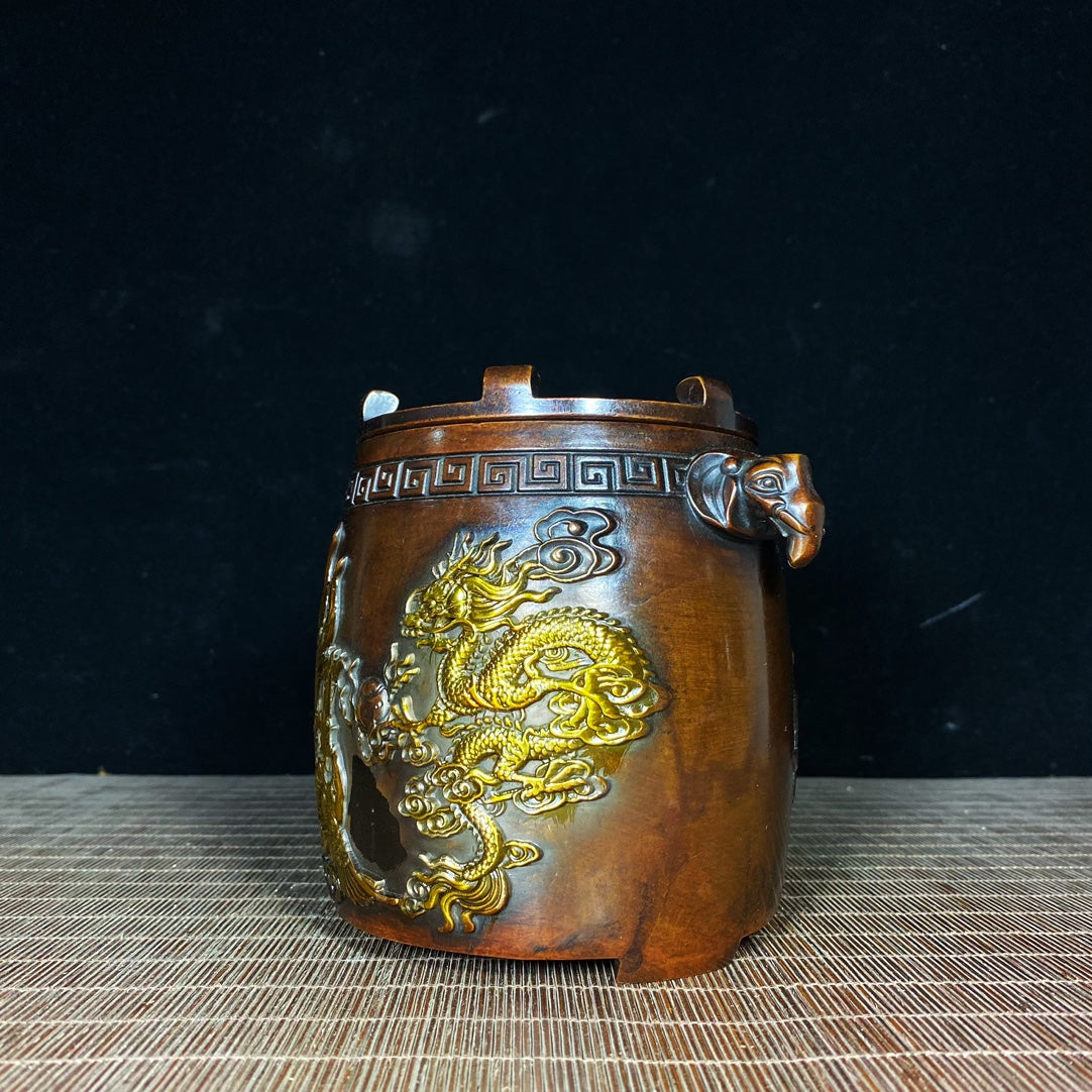 Vintage Handcrafted Gilded Copper Brazier with Elephant Ears and Dragon Phoenix Relief