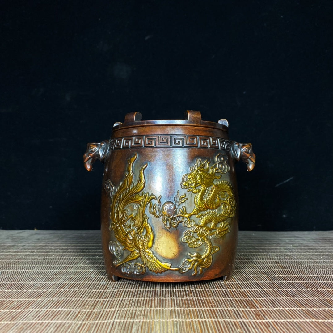 Vintage Handcrafted Gilded Copper Brazier with Elephant Ears and Dragon Phoenix Relief