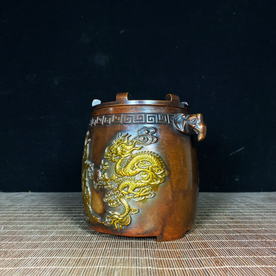 Vintage Handcrafted Gilded Copper Brazier with Elephant Ears and Dragon Phoenix Relief