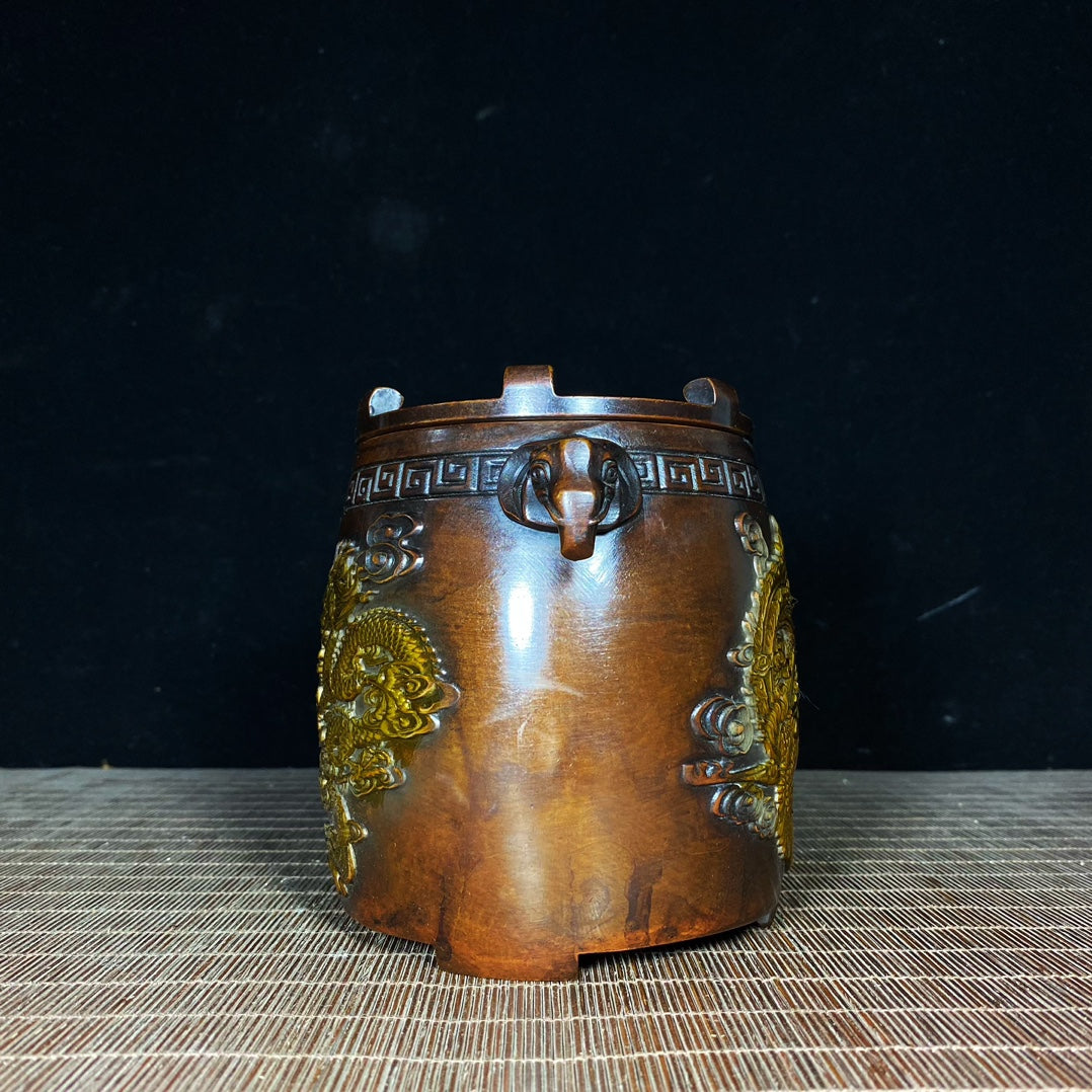 Vintage Handcrafted Gilded Copper Brazier with Elephant Ears and Dragon Phoenix Relief