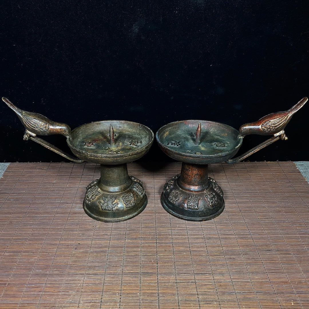 Antique Hand-Carved Magpie Candle Holders - Pair