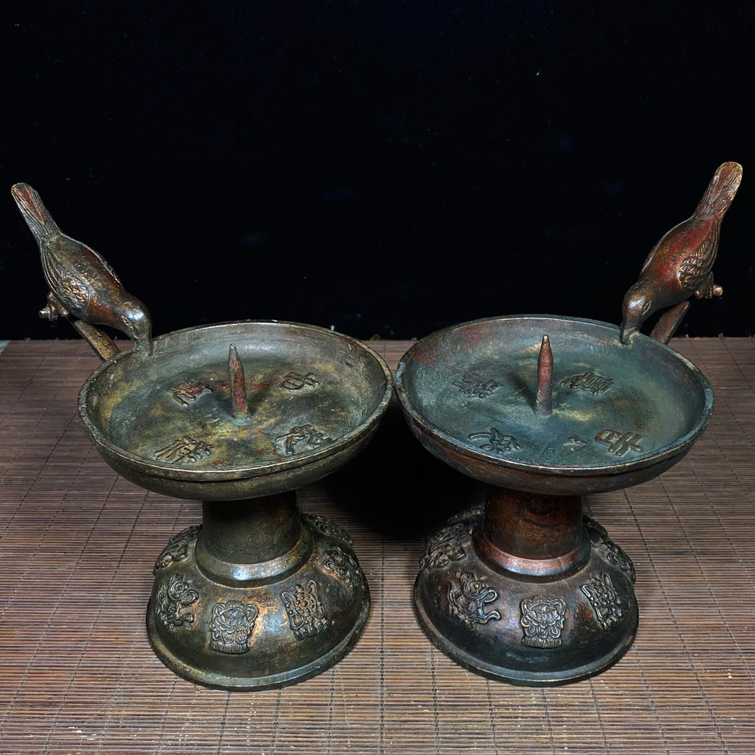 Antique Hand-Carved Magpie Candle Holders - Pair