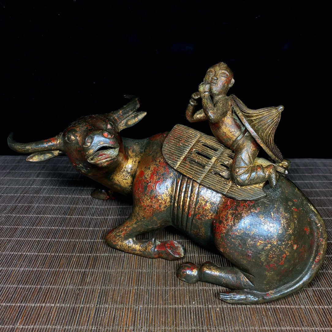 Antique Handmade Cowboy Riding Bull Incense Burner Sculpture - Unique Collectible Gift