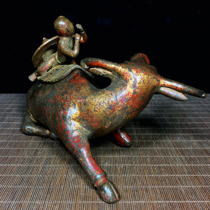 Antique Handmade Cowboy Riding Bull Incense Burner Sculpture - Unique Collectible Gift