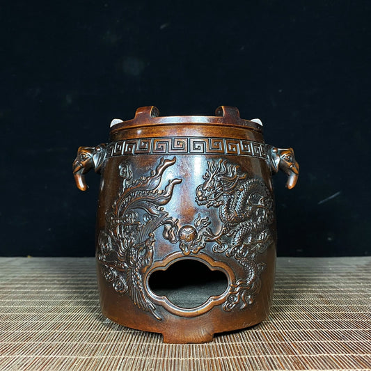 Handcrafted Copper Incense Burner with Elephant Ears and Dragon-Phoenix Design