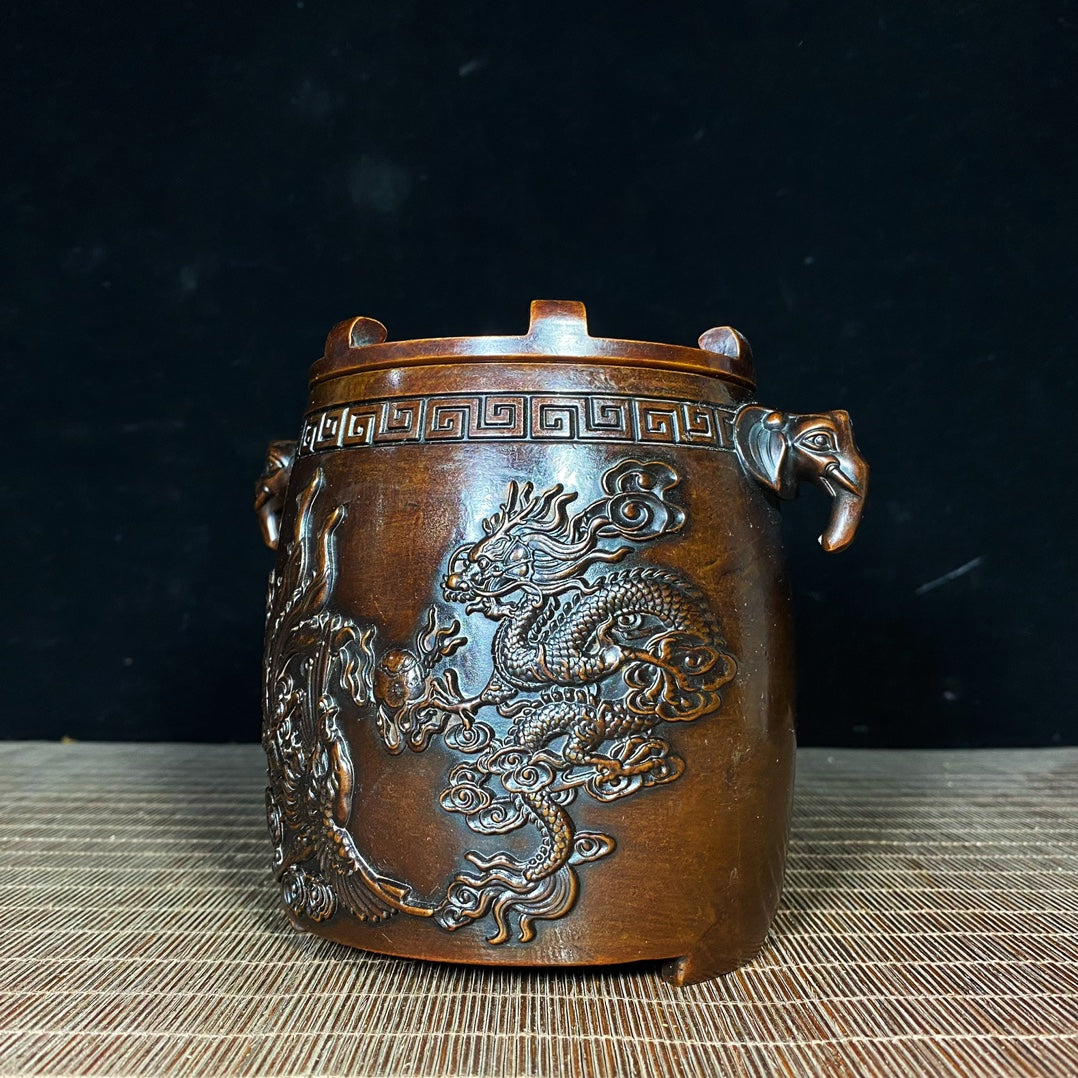 Handcrafted Copper Incense Burner with Elephant Ears and Dragon-Phoenix Design