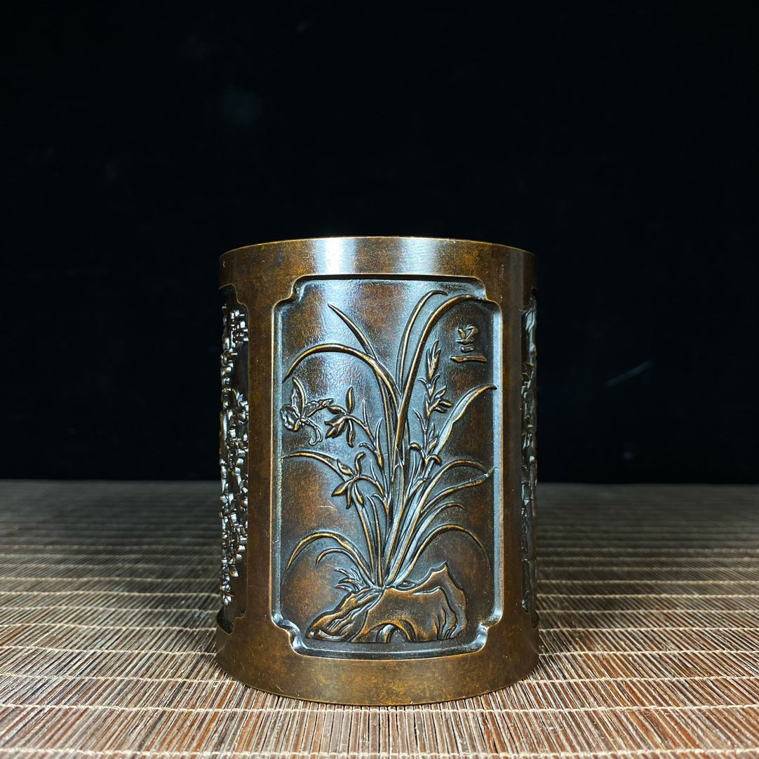 Exquisite Handcrafted Solid Copper Engraved Pen Holder with Plum, Orchid, Bamboo, and Chrysanthemum Designs - Unique Art Piece, Perfect Gift