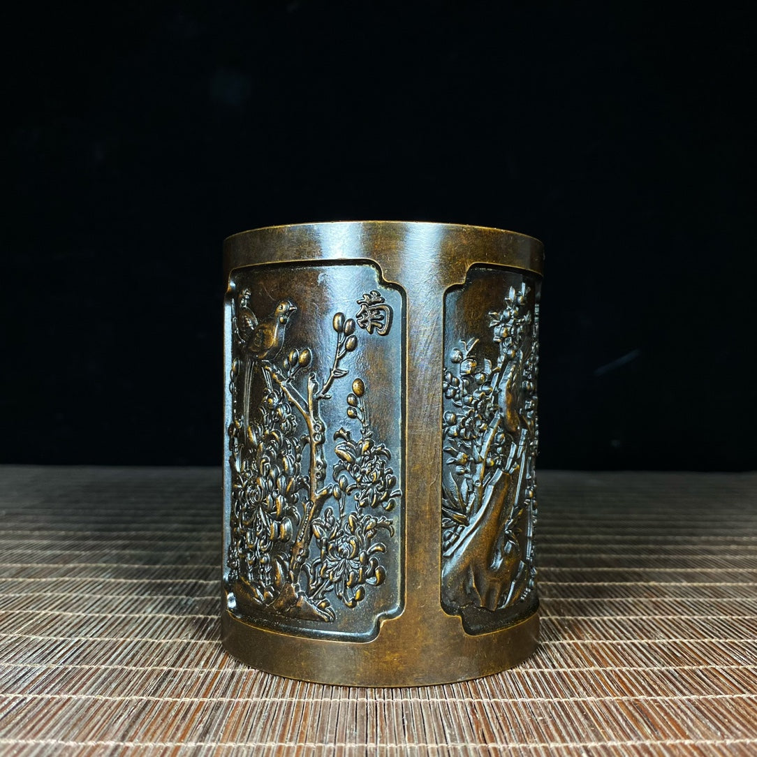 Exquisite Handcrafted Solid Copper Engraved Pen Holder with Plum, Orchid, Bamboo, and Chrysanthemum Designs - Unique Art Piece, Perfect Gift