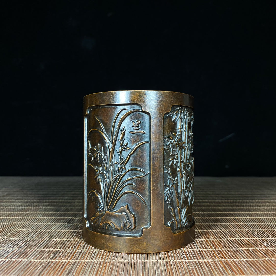 Exquisite Handcrafted Solid Copper Engraved Pen Holder with Plum, Orchid, Bamboo, and Chrysanthemum Designs - Unique Art Piece, Perfect Gift