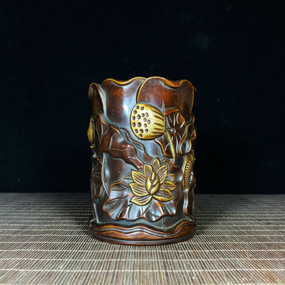 Handcrafted Pure Copper Pen Holder with Embossed Koi Fish and Lotus Leaf Design