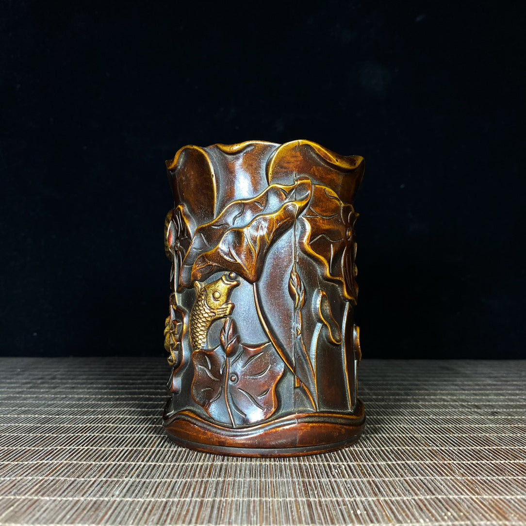 Handcrafted Pure Copper Pen Holder with Embossed Koi Fish and Lotus Leaf Design