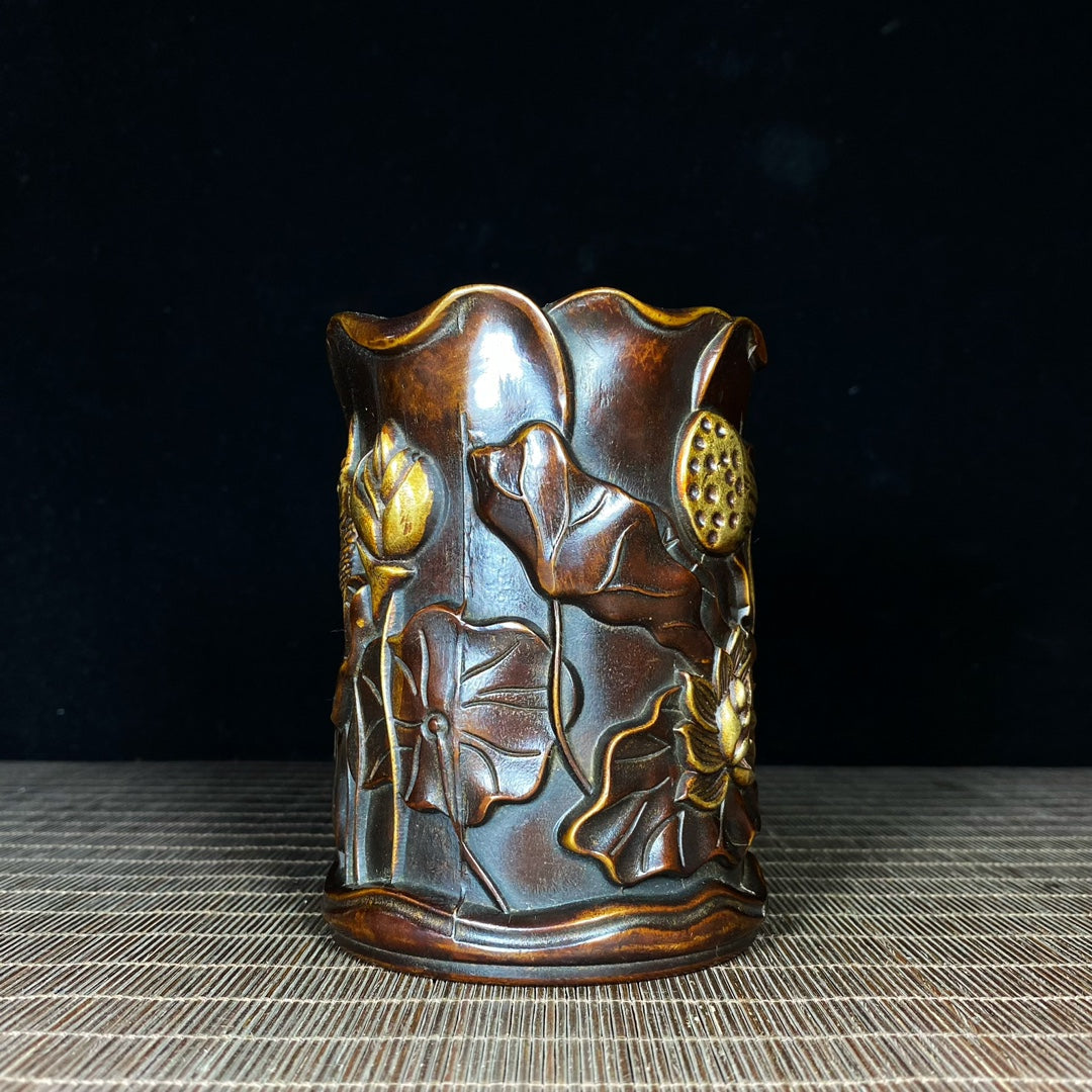 Handcrafted Pure Copper Pen Holder with Embossed Koi Fish and Lotus Leaf Design