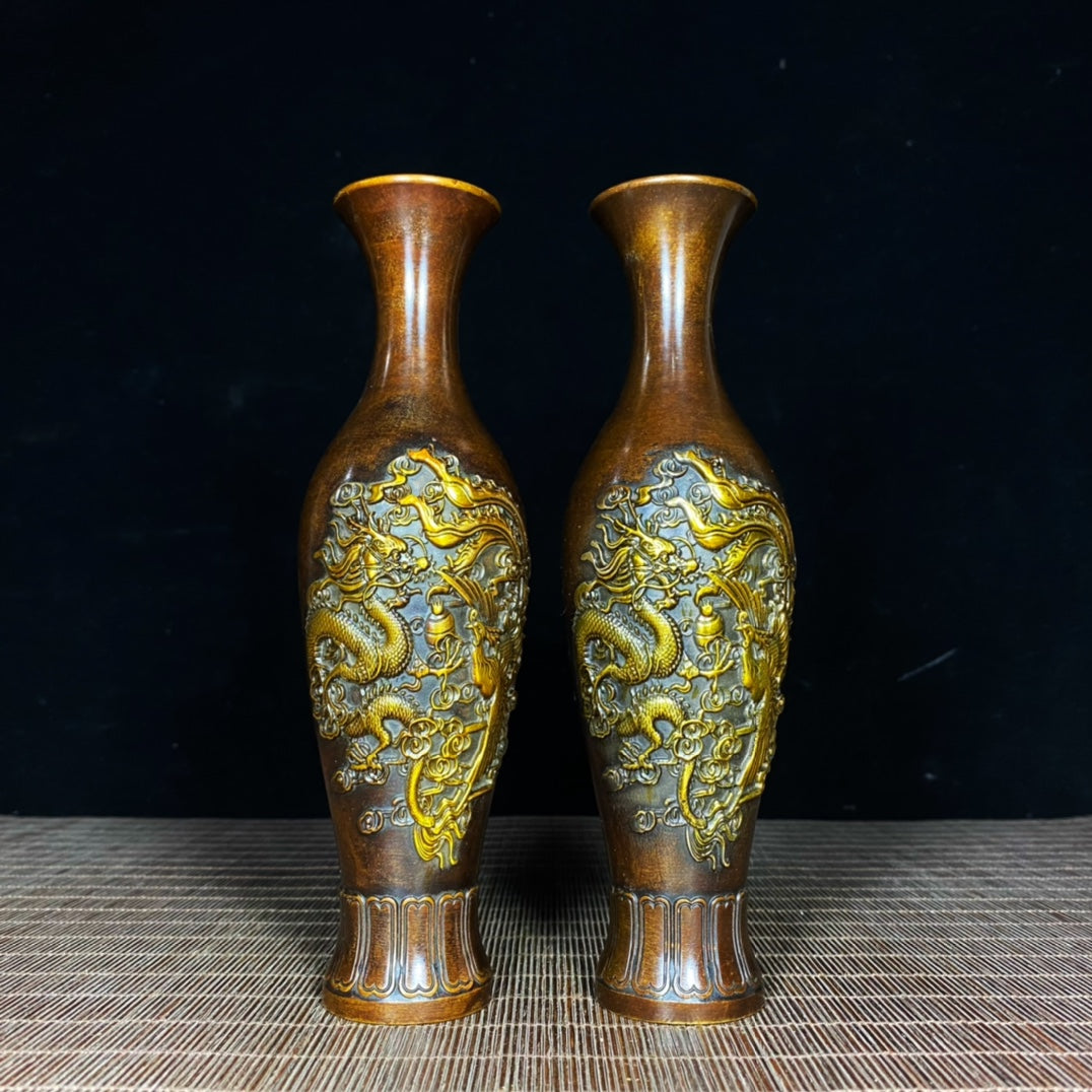 Exquisite Handcrafted Copper Gilded Dragon and Phoenix Vases (Pair)