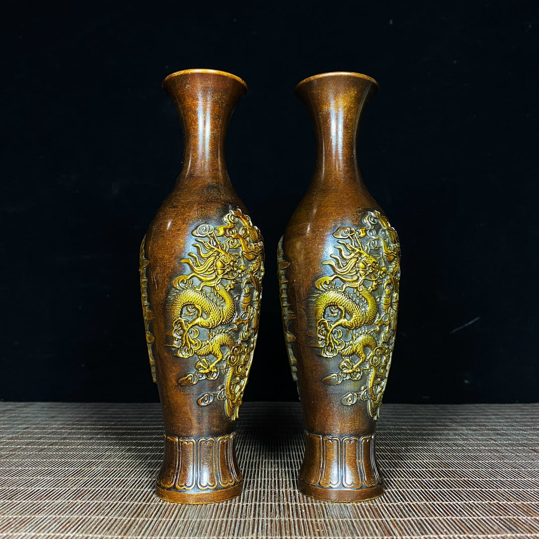 Exquisite Handcrafted Copper Gilded Dragon and Phoenix Vases (Pair)