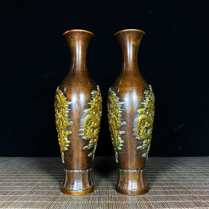 Exquisite Handcrafted Copper Gilded Dragon and Phoenix Vases (Pair)