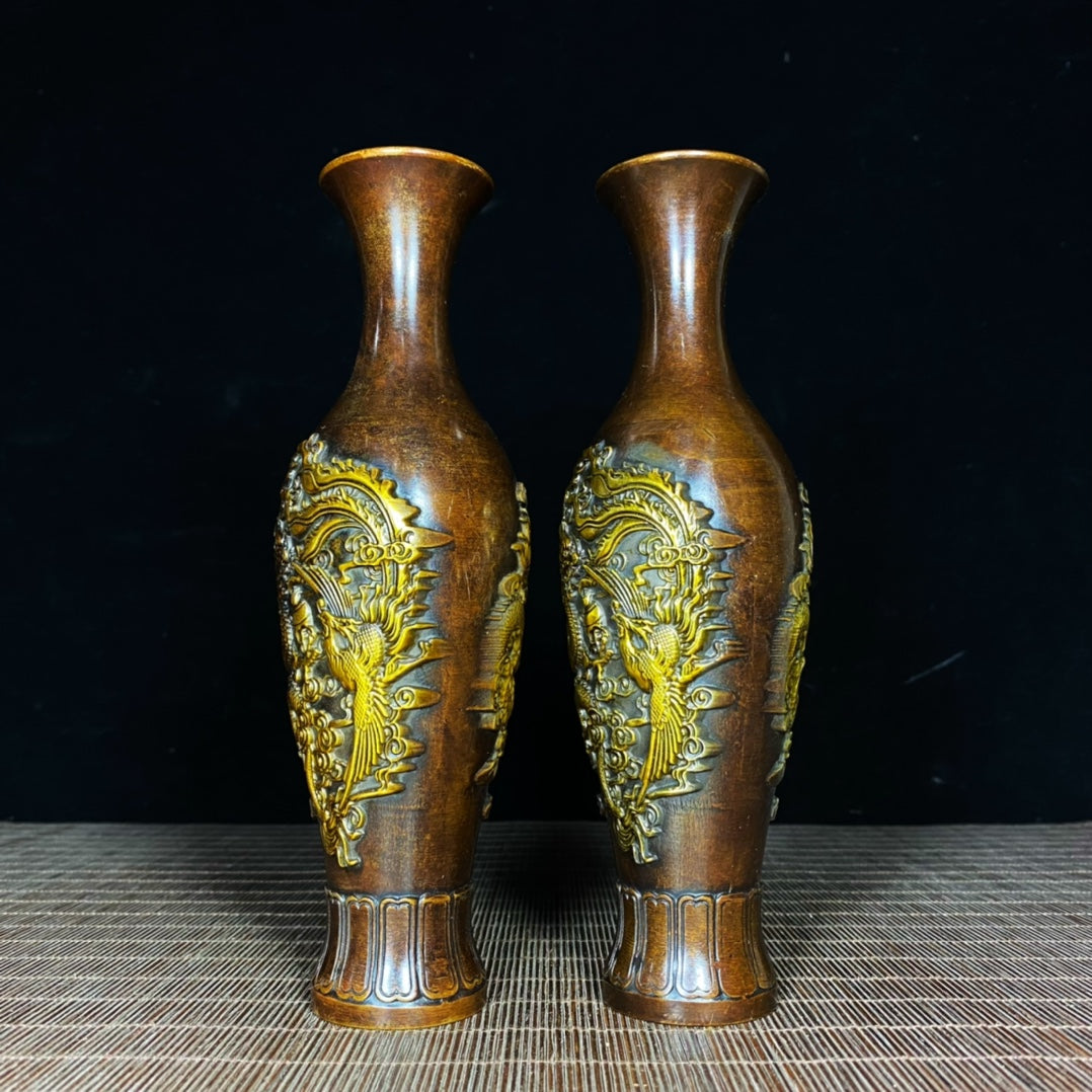 Exquisite Handcrafted Copper Gilded Dragon and Phoenix Vases (Pair)