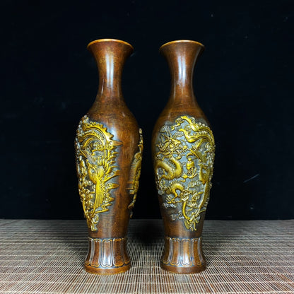 Exquisite Handcrafted Copper Gilded Dragon and Phoenix Vases (Pair)