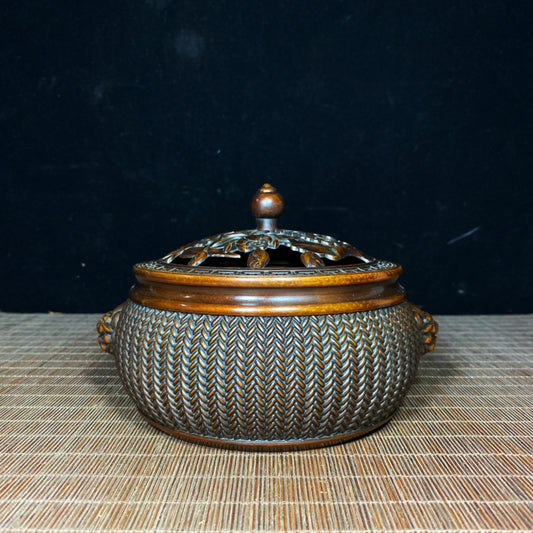 Exquisite Handcrafted Pure Copper Incense Burner with Lotus Engraving and Woven Pattern Lid