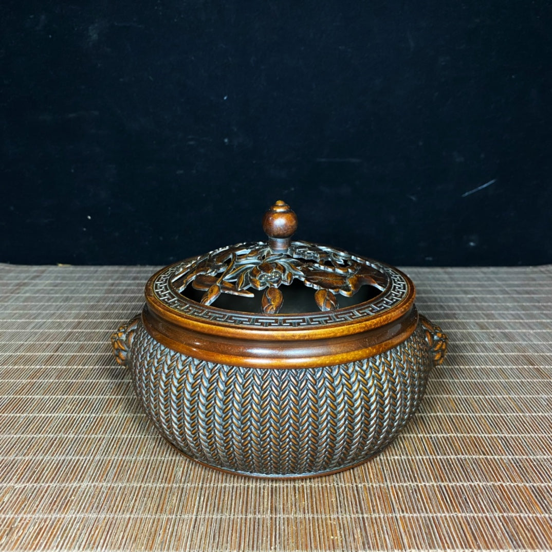 Exquisite Handcrafted Pure Copper Incense Burner with Lotus Engraving and Woven Pattern Lid