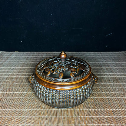 Exquisite Handcrafted Pure Copper Incense Burner with Lotus Engraving and Woven Pattern Lid