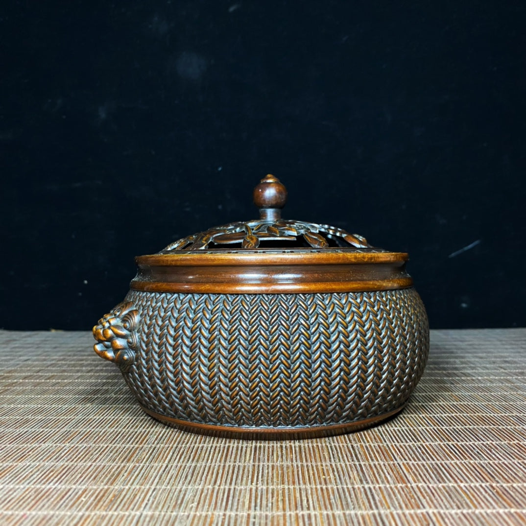 Exquisite Handcrafted Pure Copper Incense Burner with Lotus Engraving and Woven Pattern Lid