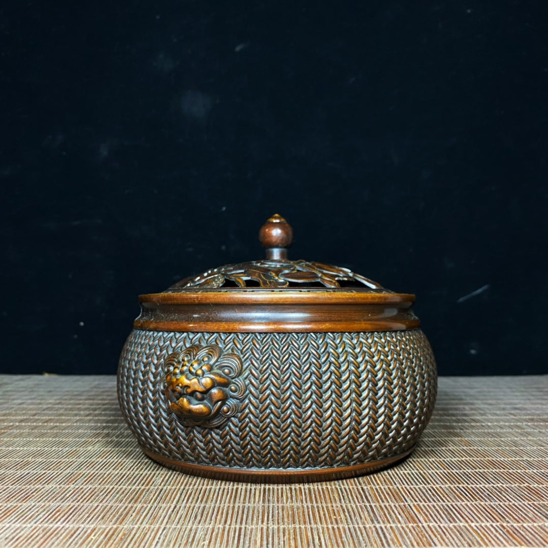 Exquisite Handcrafted Pure Copper Incense Burner with Lotus Engraving and Woven Pattern Lid