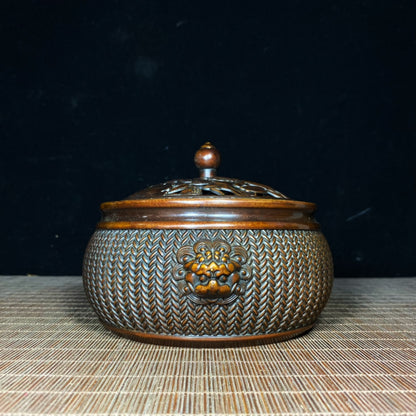 Exquisite Handcrafted Pure Copper Incense Burner with Lotus Engraving and Woven Pattern Lid