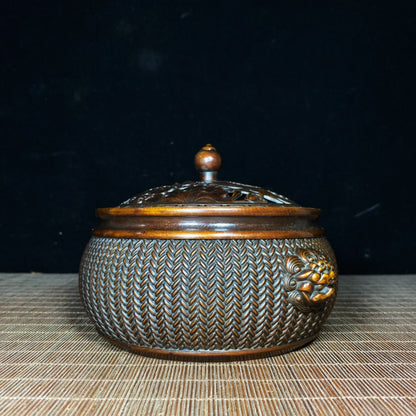 Exquisite Handcrafted Pure Copper Incense Burner with Lotus Engraving and Woven Pattern Lid