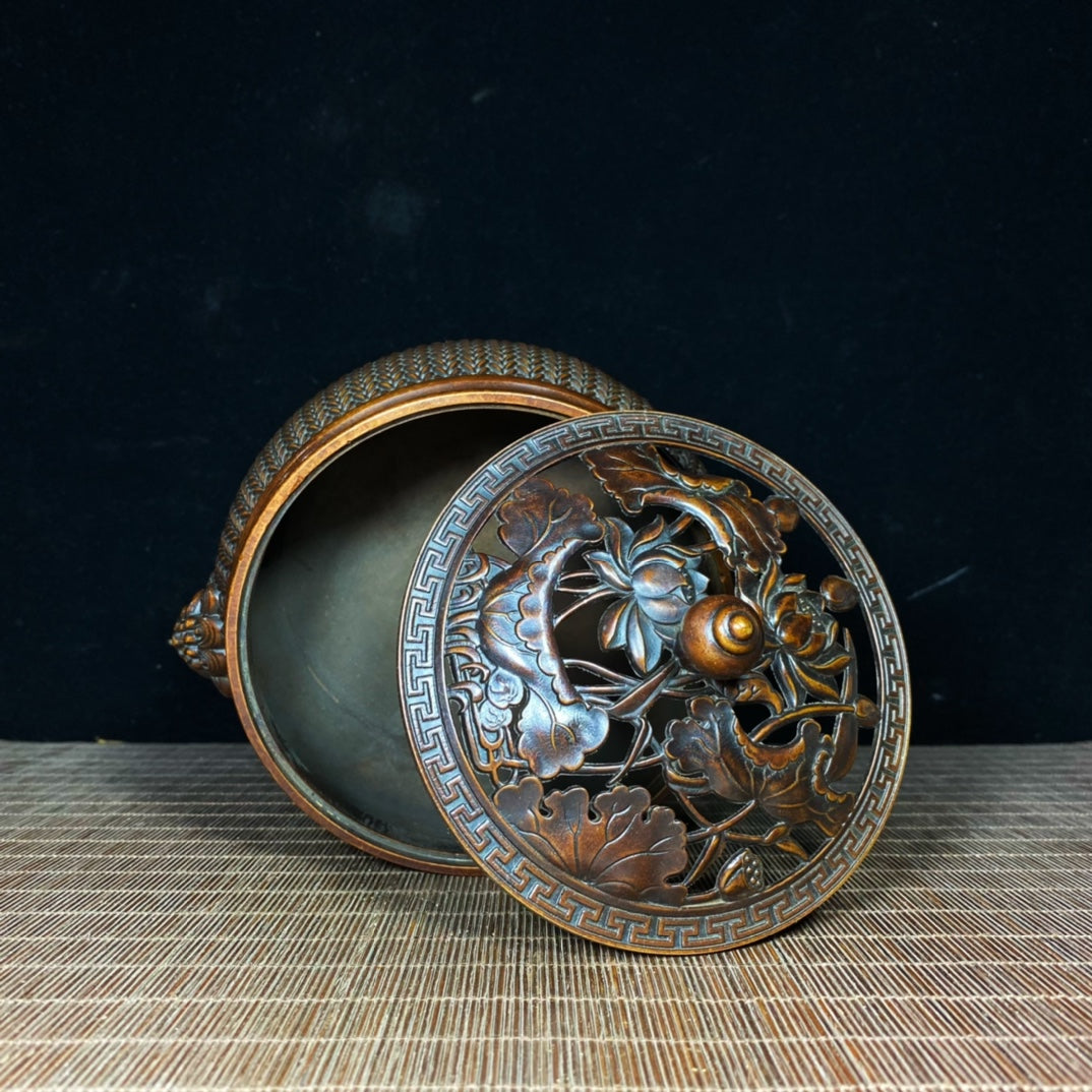 Exquisite Handcrafted Pure Copper Incense Burner with Lotus Engraving and Woven Pattern Lid