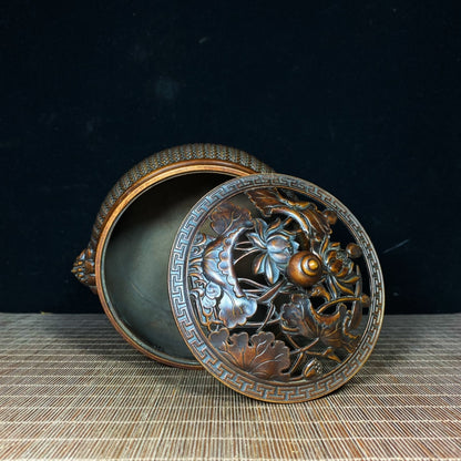 Exquisite Handcrafted Pure Copper Incense Burner with Lotus Engraving and Woven Pattern Lid