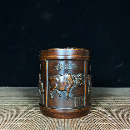 Handcrafted Pure Copper Tea Canister with Five Bull Reliefs - A Unique Vintage Masterpiece