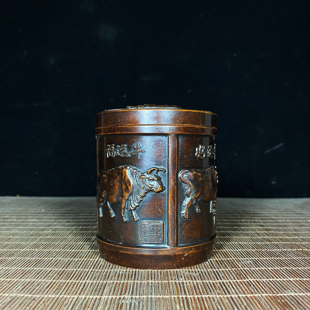 Handcrafted Pure Copper Tea Canister with Five Bull Reliefs - A Unique Vintage Masterpiece