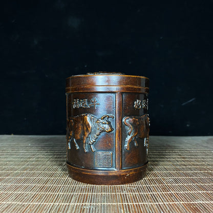 Handcrafted Pure Copper Tea Canister with Five Bull Reliefs - A Unique Vintage Masterpiece