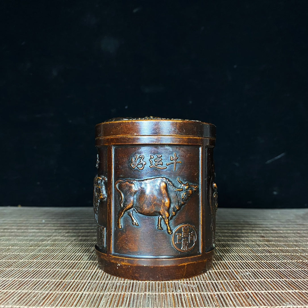 Handcrafted Pure Copper Tea Canister with Five Bull Reliefs - A Unique Vintage Masterpiece