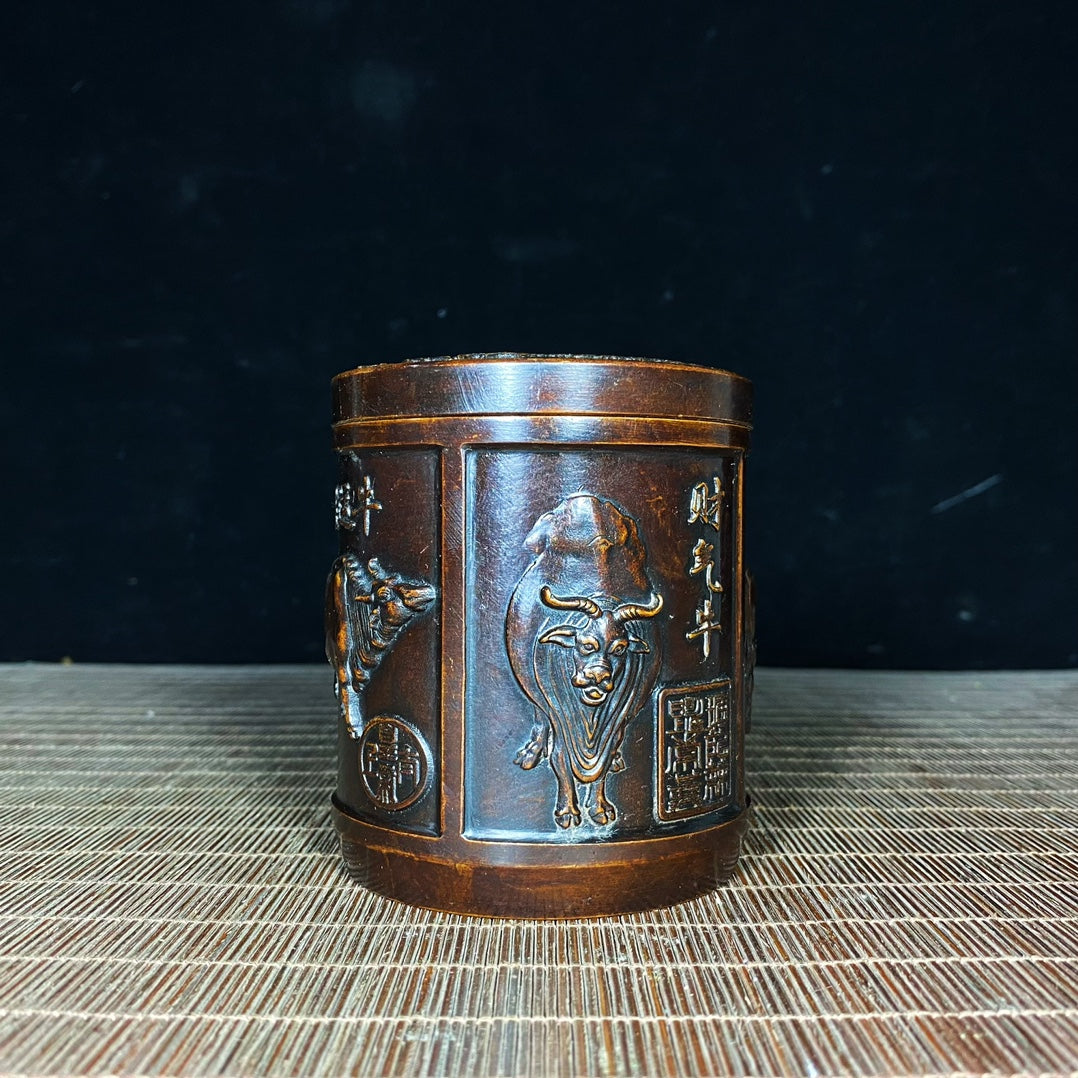 Handcrafted Pure Copper Tea Canister with Five Bull Reliefs - A Unique Vintage Masterpiece