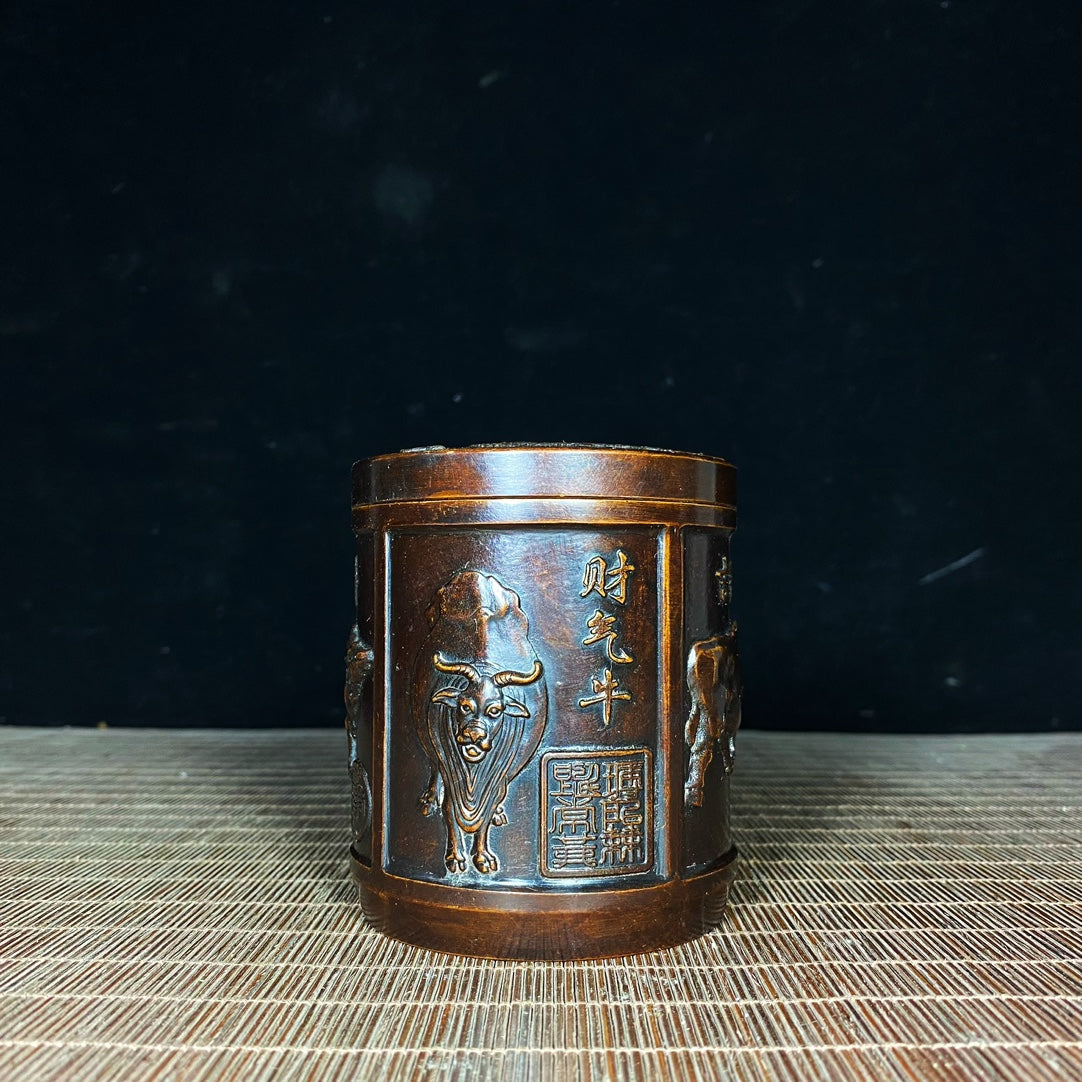 Handcrafted Pure Copper Tea Canister with Five Bull Reliefs - A Unique Vintage Masterpiece