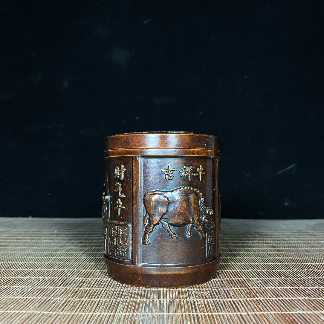 Handcrafted Pure Copper Tea Canister with Five Bull Reliefs - A Unique Vintage Masterpiece