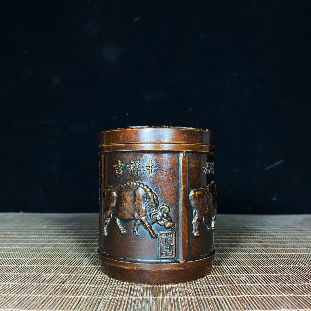 Handcrafted Pure Copper Tea Canister with Five Bull Reliefs - A Unique Vintage Masterpiece