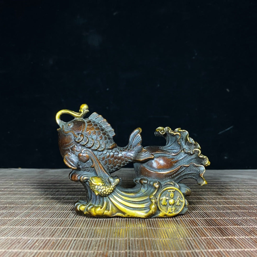 Exquisite Handcrafted Brass Gilded Fish and Cabbage Statue - Symbol of Wealth and Good Fortune