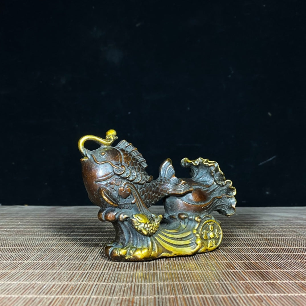 Exquisite Handcrafted Brass Gilded Fish and Cabbage Statue - Symbol of Wealth and Good Fortune