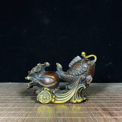 Exquisite Handcrafted Brass Gilded Fish and Cabbage Statue - Symbol of Wealth and Good Fortune